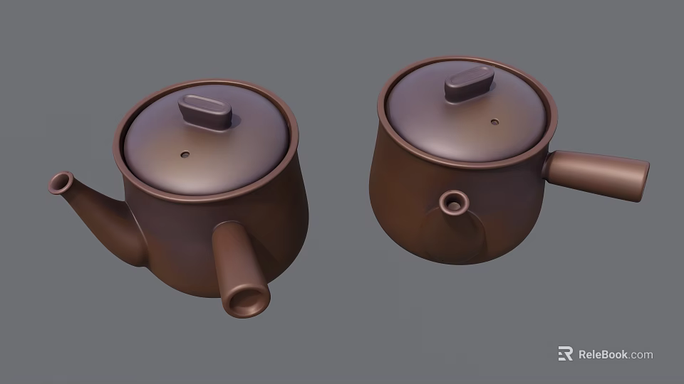 Two Brown Ceramic Teapots With Lids And Handles Traditional Minimalist Design 3d model
