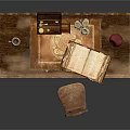 Wooden Writing Desk With Open Book Jewelry Box Water Jug Candles Apple And Chair