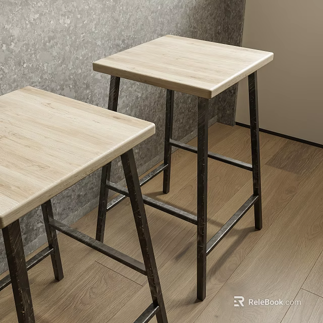 Light Wood Top Bar Stools With Black Metal Legs Against Gray Wall And Wooden Floor 3d model 