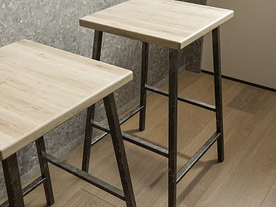 Light Wood Top Bar Stools With Black Metal Legs Against Gray Wall And Wooden Floor 3d model