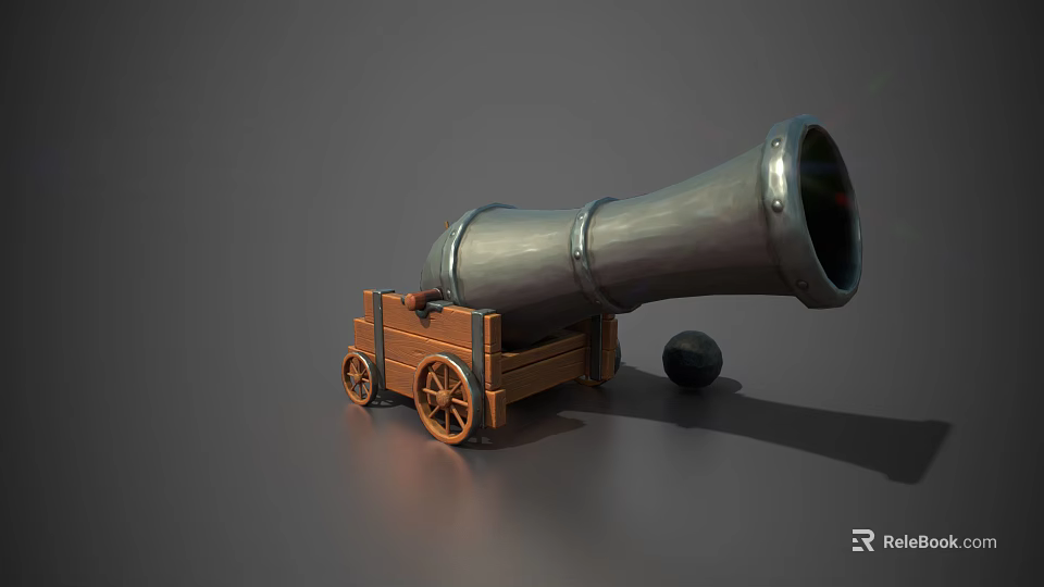 Vintage Cannon Weapon with Metal Barrel Wooden Carriage Wheels and Cannonball 3d model 