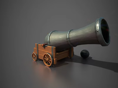 Vintage Cannon Weapon with Metal Barrel Wooden Carriage Wheels and Cannonball 3d model