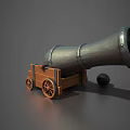 Vintage Cannon Weapon with Metal Barrel Wooden Carriage Wheels and Cannonball