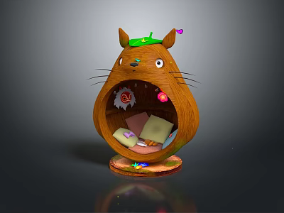 Cartoon Totoro Shaped Wooden Decor With Green Hat Pink Heart And Colorful Items Inside Base 3d model