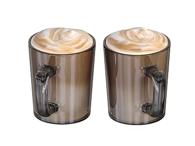 Coffee Drinks with Foam in Two Transparent Brown Mugs and Handles 3d model