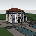 Two Story European Style Detached Villa With White Exterior Black Roof Columns And Greenery