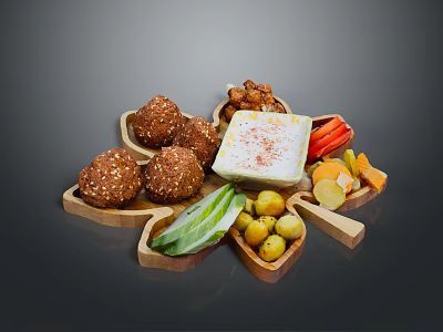 Assorted Food Platter With Sesame Balls Fried Snacks Fresh Cheese Vegetable Sticks And Olives 3d model