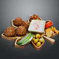 Assorted Food Platter With Sesame Balls Fried Snacks Fresh Cheese Vegetable Sticks And Olives