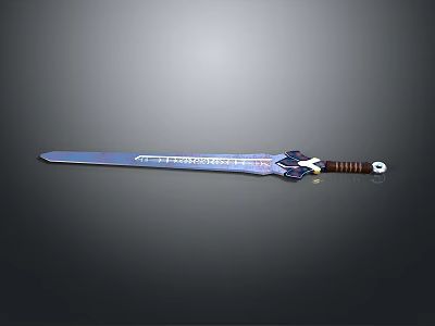 Decorative Fantasy Sword With Metallic Blade Blue Patterns And Brown Leather Hilt 3d model