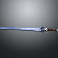 Decorative Fantasy Sword With Metallic Blade Blue Patterns And Brown Leather Hilt