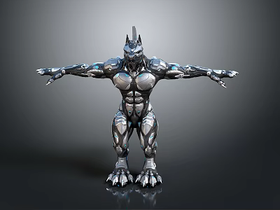 Metallic Wolf Like Creature Character Muscular Body Arms Outstretched Standing Pose 3d model