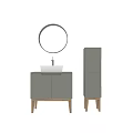 Modern Bathroom Vanity Design With Grey Cabinet White Sink Round Mirror And Wooden Legs