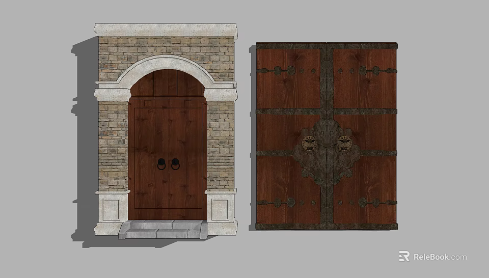 Traditional Wooden Doors With Arched Brick Wall Frame Stone Steps And Metal Decorations 3d model 
