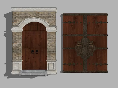 Traditional Wooden Doors With Arched Brick Wall Frame Stone Steps And Metal Decorations 3d model