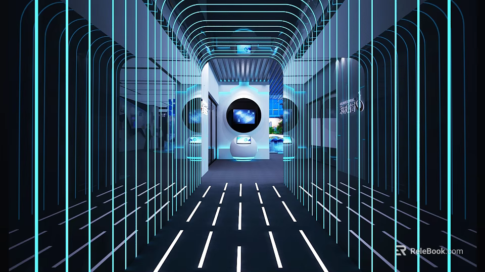 Futuristic Corridor Design With Blue Neon Lights Circular Screen And Tech Decor 3d model 