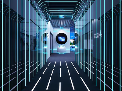 Futuristic Corridor Design With Blue Neon Lights Circular Screen And Tech Decor 3d model