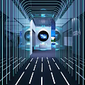 Futuristic Corridor Design With Blue Neon Lights Circular Screen And Tech Decor