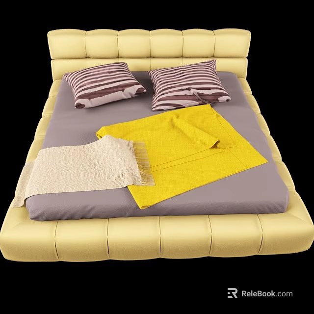 Double Bed With Yellow Bedhead Gray Mattress Striped Pillows And Yellow Beige Blankets 3d model 