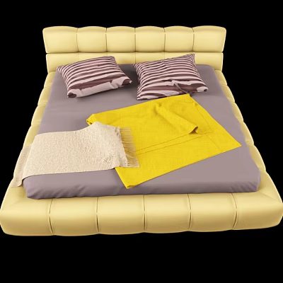 Double Bed With Yellow Bedhead Gray Mattress Striped Pillows And Yellow Beige Blankets 3d model