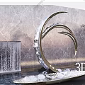 Modern Metal Crescent Sculpture In Water Pool With Gray Marble Wall And Green Plants