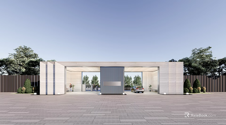 Modern Symmetrical Entrance Gate With Marble Cladding Metal Grille And Landscaped Trees 3d model 