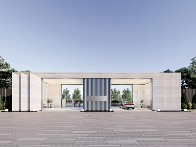 Modern Symmetrical Entrance Gate With Marble Cladding Metal Grille And Landscaped Trees 3d model