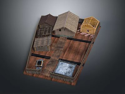 Traditional Wooden Houses Featuring Thatched and Wooden Roofs with Fenced Yard and Pathway 3d model