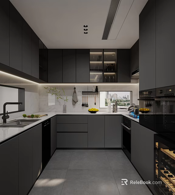 Modern Kitchen Interior With Dark Cabinets White Countertop LED Lighting And Appliances 3d model 