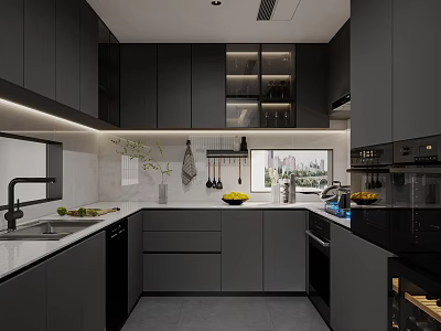Modern Kitchen Interior With Dark Cabinets White Countertop LED Lighting And Appliances 3d model