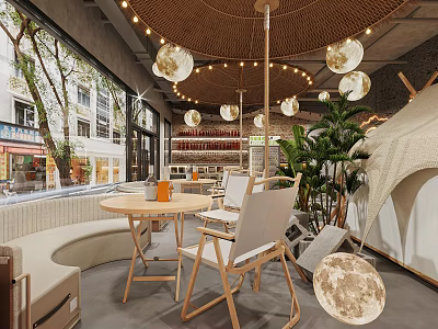 Cozy Restaurant Interior With Rattan Canopy Moon Shaped Pendant Lights Wooden Tables And Green Plants 3d model