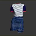 Blue And White Striped Top With Dark Blue Sleeves Red Trim And Blue Denim Skirt
