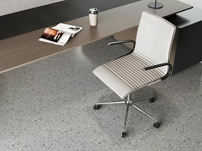 White Striped Office Chair with Black Armrests Silver Base Wheels in Modern Office Desk Setting 3d model