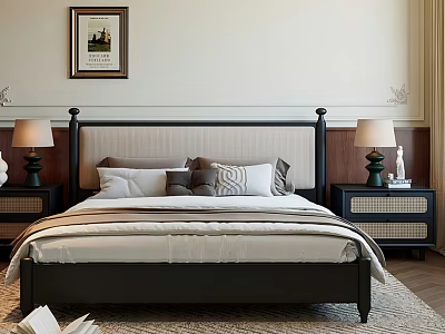 Modern Double Bed With Black Headboard Light Bedding Pillows And Wooden Nightstands With Table Lamps 3d model