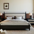 Modern Double Bed With Black Headboard Light Bedding Pillows And Wooden Nightstands With Table Lamps