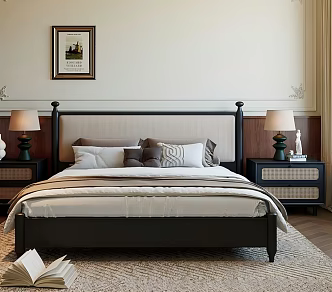 French Antique Soft Bag Solid Wood Double Bed 3d model
