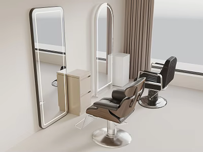 Modern Hair Salon Interior With Barber Chairs Mirrors And Wooden Cabinet 3d model