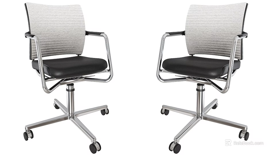 Modern Office Chairs with Metal Frame Black Leather Seat Gray Fabric Backrest and Rolling Casters 3d model 