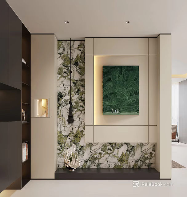 Modern Foyer Hallway Interior With Marble Wall Green Artwork And Pendant Light 3d model 