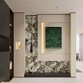 Modern Foyer Hallway Interior With Marble Wall Green Artwork And Pendant Light
