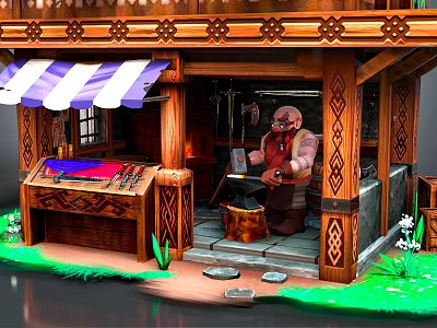 Dwarf Blacksmith Working At Wooden Smithy With Striped Awning And Tools 3d model