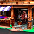Dwarf Blacksmith Working At Wooden Smithy With Striped Awning And Tools