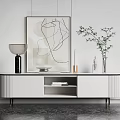 Modern White TV Stand With Open Shelf Metal Legs And Decorative Plants
