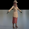Female Game Movie Character in Beige Trench Coat Hat Red Skirt Black Gloves Brown Boots