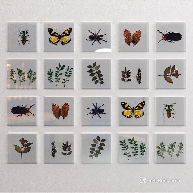 Decorative Insect and Plant Leaf Artwork Display on Multiple Square Tiles 3d model