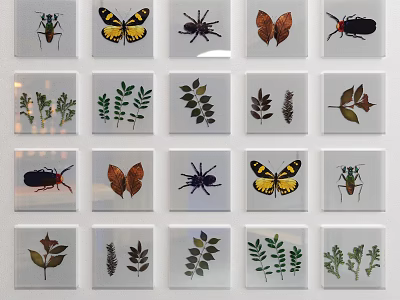 Decorative Insect and Plant Leaf Artwork Display on Multiple Square Tiles 3d model