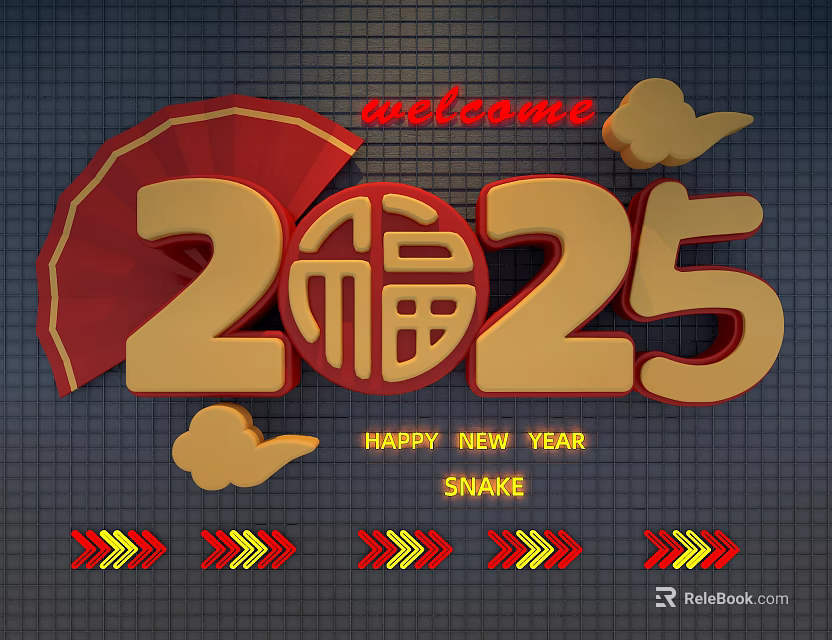 3D Text Design 2025 Fortune Character With Welcome And Happy New Year Snake Elements 3d model 