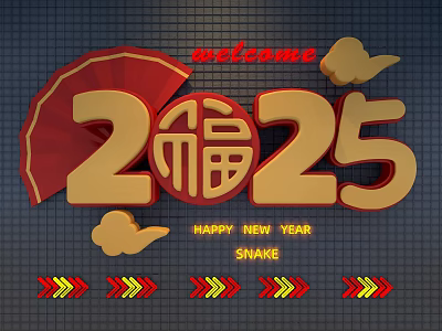 3D Text Design 2025 Fortune Character With Welcome And Happy New Year Snake Elements 3d model