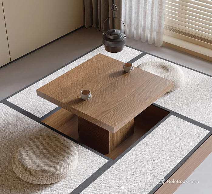 Wooden Tea Table and Tatami Seating with Black Tea Pot and Cups in Minimalist Room 3d model 