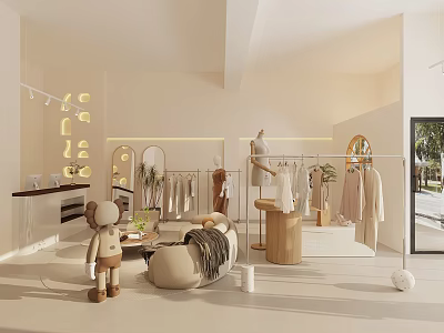 Soft Warm Modern Minimalist Clothing Store Interior With Comfortable Lounge Space And Tasteful Apparel 3d model