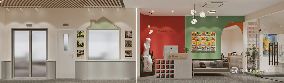 Book Art Space Interior Design With Statue And Decorations 3d model